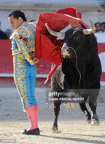 Spanish matador Ivan Fandino makes a muleta pass on a Jandilla's fighting bull on May 17, 2013 during the Nimes Pentecost Feria in Nimes,...
