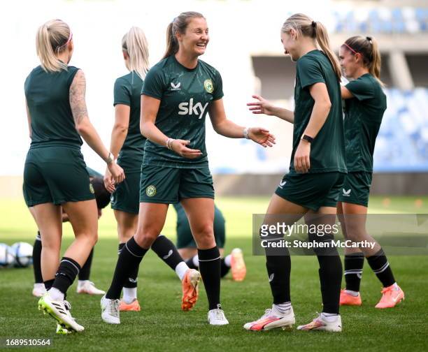 Budapest , Hungary - 25 September 2023; Kyra Carusa and Izzy Atkinson, right, during a Republic of Ireland women training session at Hidegkuti Nándor...