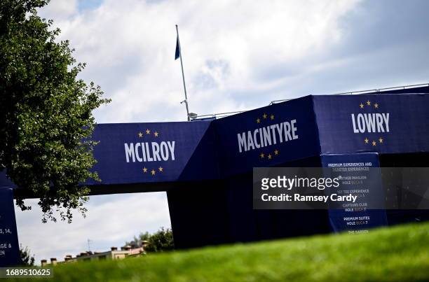 Rome , Italy - 25 September 2023; A general view of the names of Europe players, Rory McIlroy, Robert MacIntyre and Shane Lowry on signage before the...