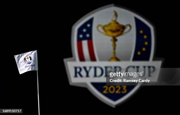 Rome , Italy - 25 September 2023; A general view of a flag on the 1st green before the 2023 Ryder Cup at Marco Simone Golf and Country Club in Rome,...