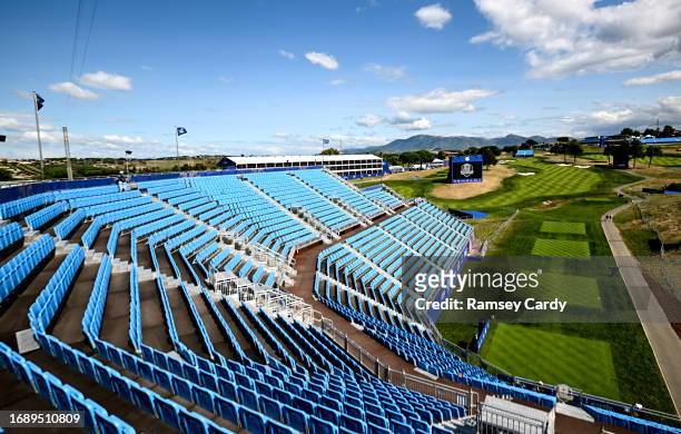 Rome , Italy - 25 September 2023; A general view of the 1st tee box and grandstand before the 2023 Ryder Cup at Marco Simone Golf and Country Club in...