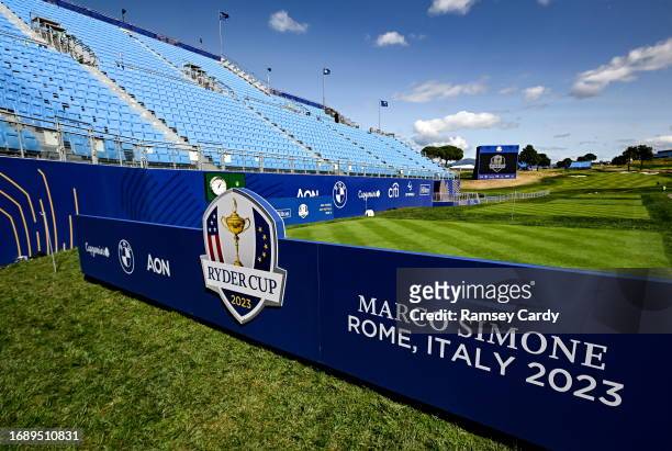 Rome , Italy - 25 September 2023; A general view of the 1st tee box and grandstand before the 2023 Ryder Cup at Marco Simone Golf and Country Club in...