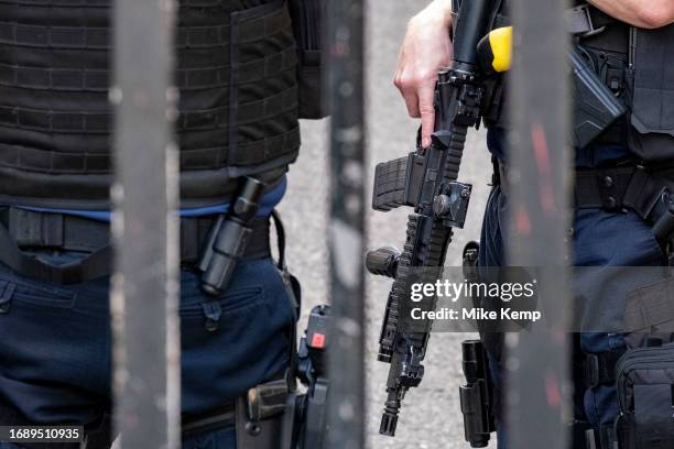 Armed Metropolitan Police on duty inside Downing Street on 25th September 2023 in London, United Kingdom. It was reported today that some 300...