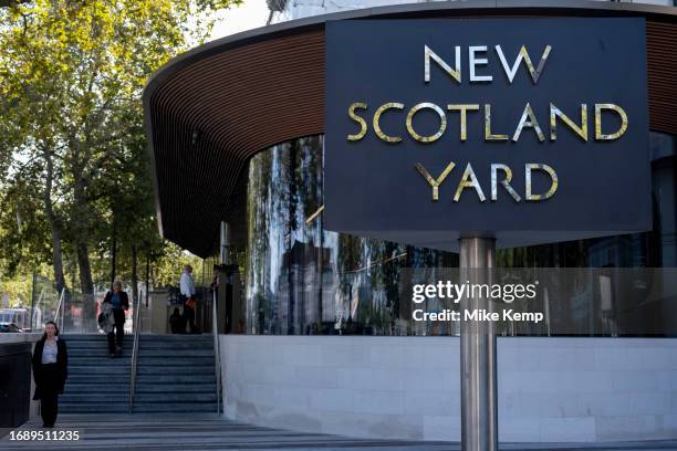 The Metropolitan Police revolving sign their headquarters at New Scotland Yard in Westminster on 25th September 2023 in London, United Kingdom....