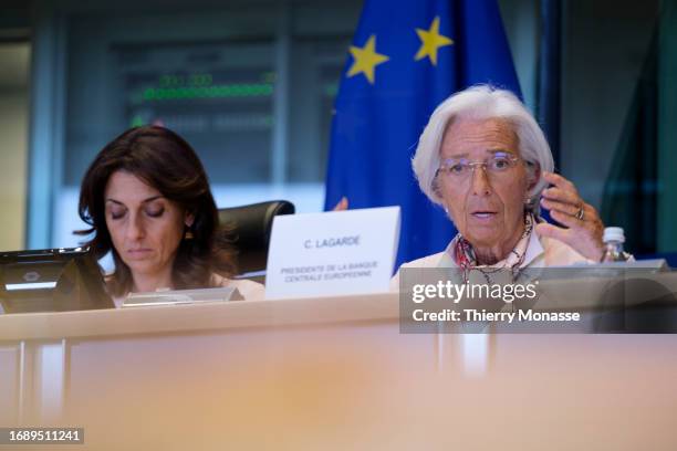 Italian chairperson of the European Parliament Committee on Economic and Monetary Affairs Irene Tinaglion is listening to the President of the...