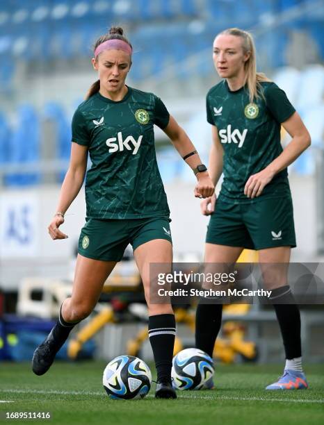 Budapest , Hungary - 25 September 2023; Caitlin Hayes, left, and Louise Quinn during a Republic of Ireland women training session at Hidegkuti Nándor...