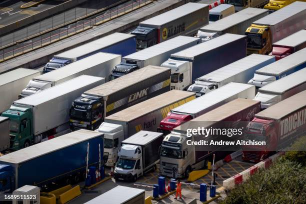 Freight lorries moving around inside the Eastern Dock of the Port of Dover, the cross channel port is where boats mainly depart to and arrive from...