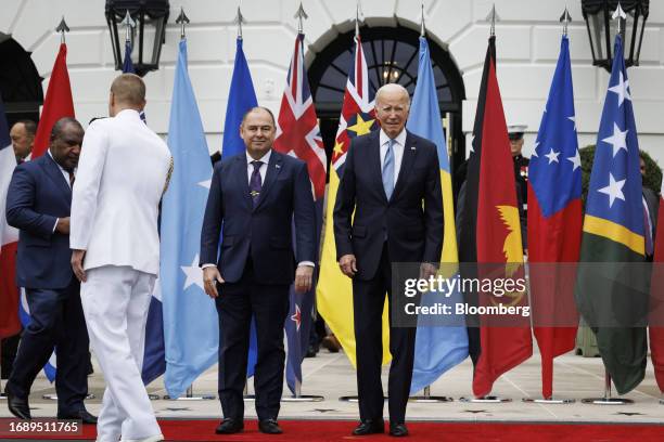 President Joe Biden, center, and Mark Brown, Cook Islands' prime minister, center left, during a family photograph with Pacific Islands Forum leaders...