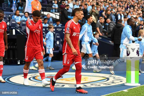 Nicols Domnguez of Nottingham Forest makes his way to the pitch during the Premier League match between Manchester City and Nottingham Forest at the...