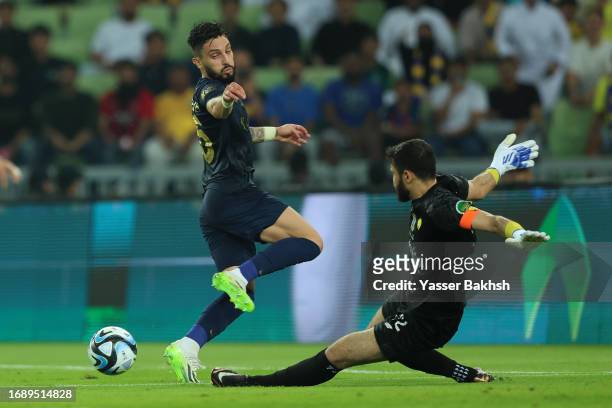 Alex Telles Of Al Nassr battles for the ball during Saudi King's Cup match between Al Nassr and Ohod at Prince Abdullah Al Faisal Stadium on...