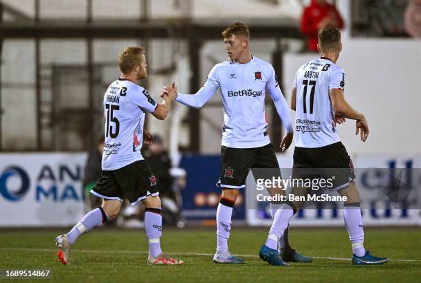 Louth , Ireland - 25 September 2023; Hayden Muller of Dundalk celebrates with teammate Daryl Horgan, left, who assisted, after scoring their side's...