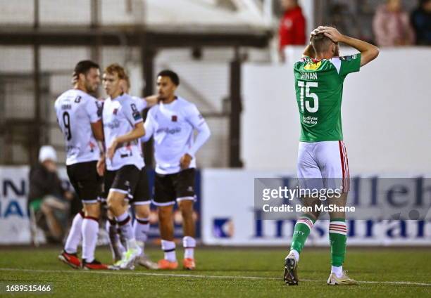 Louth , Ireland - 25 September 2023; Conor Drinan of Cork City reacts after his side concede their second goal, scored by Daryl Horgan of Dundalk,...