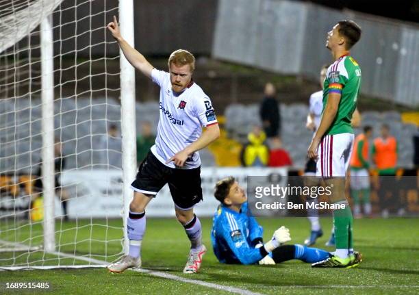 Louth , Ireland - 25 September 2023; Daryl Horgan of Dundalk celebrates after scoring his side's third goal during the SSE Airtricity Men's First...