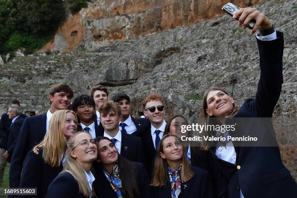 Helen Briem of Team Europe takes a selfie during the opening ceremony of the 2023 Junior Ryder Cup at Sutri Amphitheatre on September 25, 2023 in...