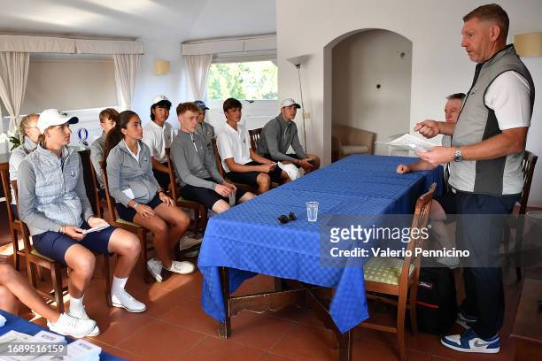 Stephen Gallacher, captain of the European team during a team meeting prior to the 2023 Junior Ryder Cup at Golf Nazionale on September 25, 2023 in...