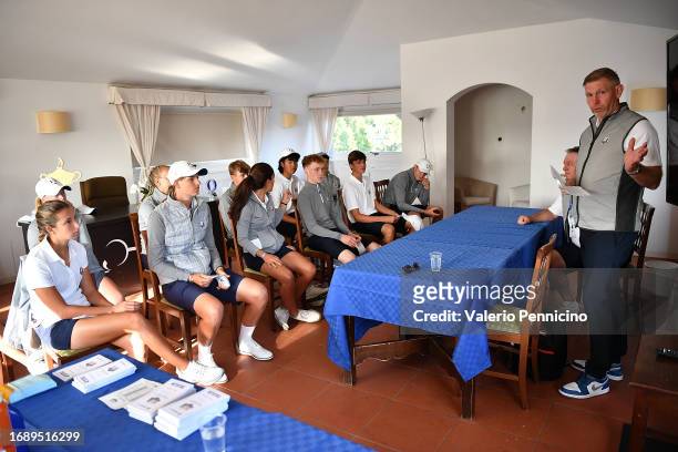 Stephen Gallacher, captain of the European team during a team meeting prior to the 2023 Junior Ryder Cup at Golf Nazionale on September 25, 2023 in...