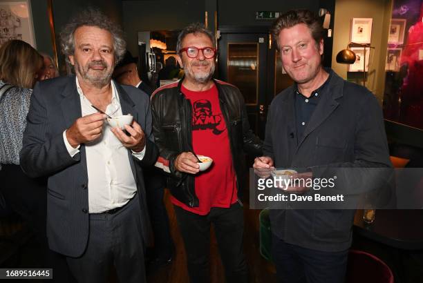 Mark Hix, Charlie Rapino and Jonathon Cornaby attend the launch of 'The Art Of Dining: Celebrate London Restaurants' at The Groucho Club on September...