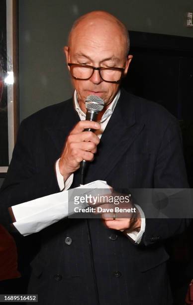 Dylan Jones speak during a panel talk at the launch of 'The Art Of Dining: Celebrate London Restaurants' at The Groucho Club on September 25, 2023 in...