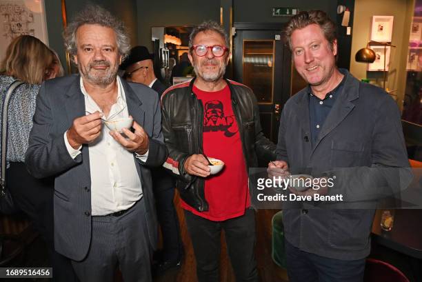 Mark Hix, Charlie Rapino and Jonathon Cornaby attend the launch of 'The Art Of Dining: Celebrate London Restaurants' at The Groucho Club on September...