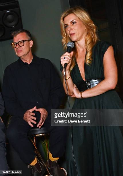 Jeremy Lee and Christina Makris speak during a panel talk at the launch of 'The Art Of Dining: Celebrate London Restaurants' at The Groucho Club on...