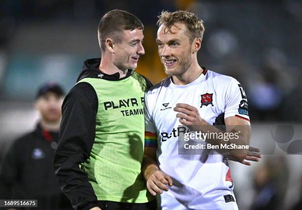 Louth , Ireland - 25 September 2023; Greg Sloggett, right, and Daniel Kelly of Dundalk after the SSE Airtricity Men's Premier Division match between...