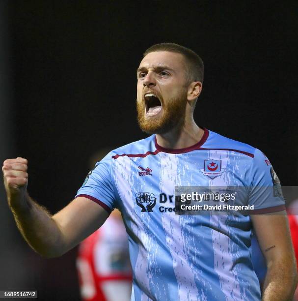 Dublin , Ireland - 25 September 2023; Conor Keeley of Drogheda United celebrates after Sam Curtis of St Patrick's Athletic was sent off during the...