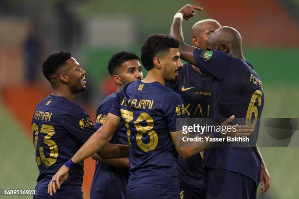 Ayman Yahya of Al Nassr celebrates the fourth goal during King's Cup of Champions match between Ohod and Al Nassr at Prince Abdullah Al Faisal...
