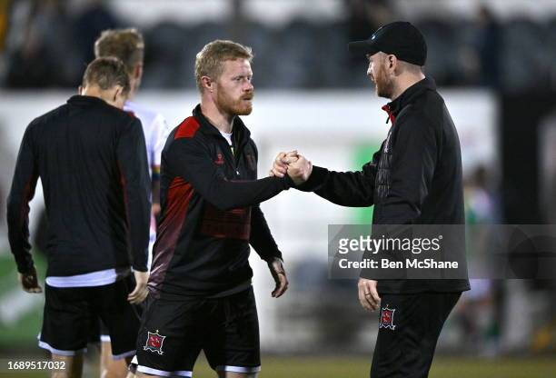 Louth , Ireland - 25 September 2023; Dundalk head coach Stephen O'Donnell, right, and Daryl Horgan of Dundalk after the SSE Airtricity Men's Premier...