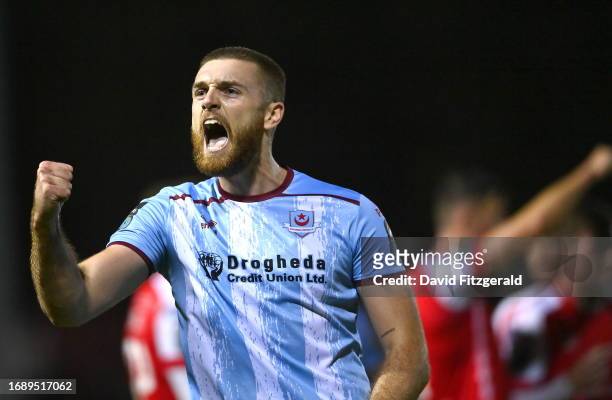 Dublin , Ireland - 25 September 2023; Conor Keeley of Drogheda United celebrates after Sam Curtis of St Patrick's Athletic was sent off during the...