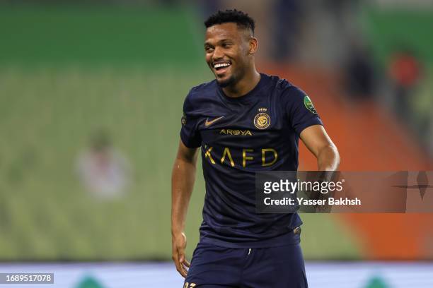 Ayman Yahya of Al Nassr celebrates thefourth goal during King's Cup of Champions match between Ohod and Al Nassr at Prince Abdullah Al Faisal Stadium...