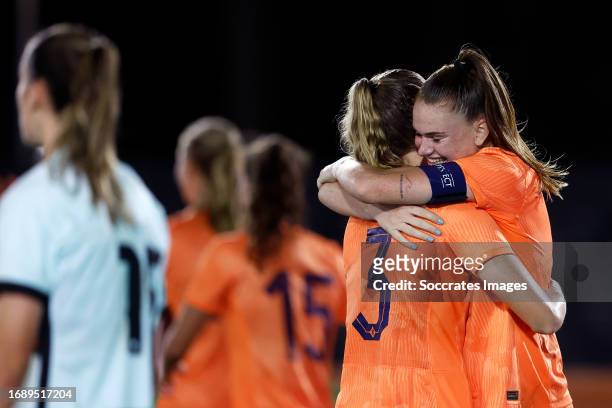 Liz Rijsbergen of Holland Women U23 celebrates 3-0 with Gwyneth Hendriks of Holland Women U23 during the U23 Women match between Holland Women U23 v...