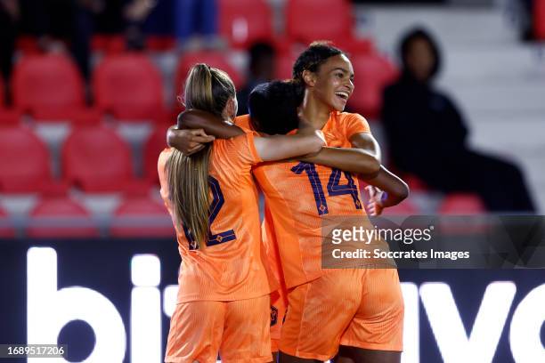 Chante Mary Dompig of Holland Women U23 celebrates 4-0 with Zera Hulswit of Holland Women U23, Nina Nijstad of Holland Women U23 during the U23 Women...
