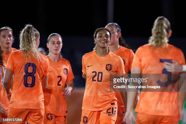 Danique van Ginkel of Holland Women U23, Kim Everaerts of Holland Women U23, Nina Nijstad of Holland Women U23 celebrating during the U23 Women match...