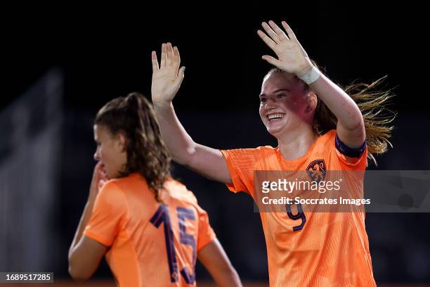Liz Rijsbergen of Holland Women U23 celebrates 3-0 during the U23 Women match between Holland Women U23 v Portugal Women U23 at the De Herdgang on...