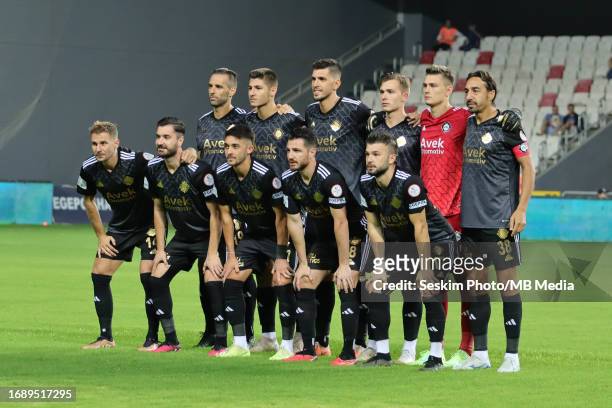 Players of Altay poses for a team photo for the media during the TFF 1.st League match between Altay and Bodrumspor at Alsancak Mustafa Denizli...