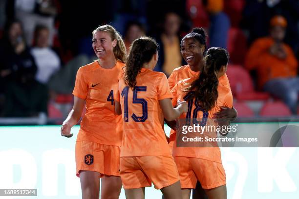 Chante Mary Dompig of Holland Women U23 celebrates 4-0 with Danique Noordman of Holland Women U23, Lisa Doorn of Holland Women U23, Ziva Henry of...