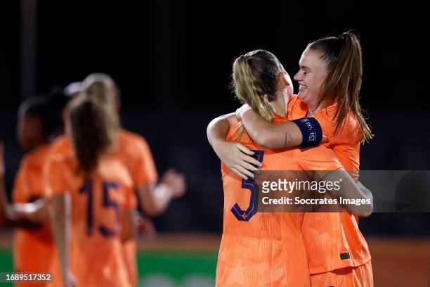 Liz Rijsbergen of Holland Women U23 celebrates 3-0 with Gwyneth Hendriks of Holland Women U23 during the U23 Women match between Holland Women U23 v...