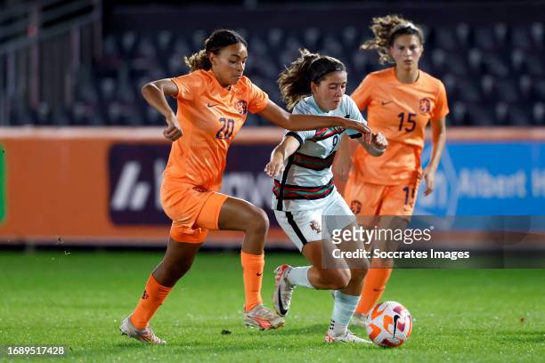 Nina Nijstad of Holland Women U23, Maria Alagoa of Portugal Women U23, Danique Noordman of Holland Women U23 during the U23 Women match between...