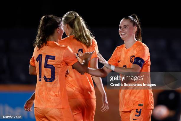 Liz Rijsbergen of Holland Women U23 celebrates 3-0 with Danique Noordman of Holland Women U23 during the U23 Women match between Holland Women U23 v...