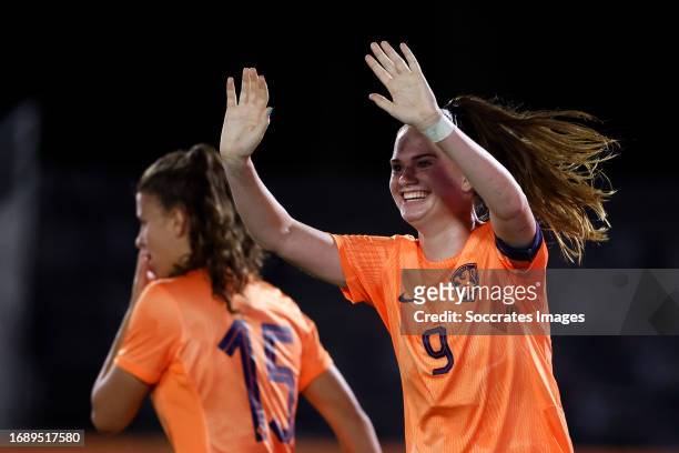Liz Rijsbergen of Holland Women U23 celebrates 3-0 during the U23 Women match between Holland Women U23 v Portugal Women U23 at the De Herdgang on...