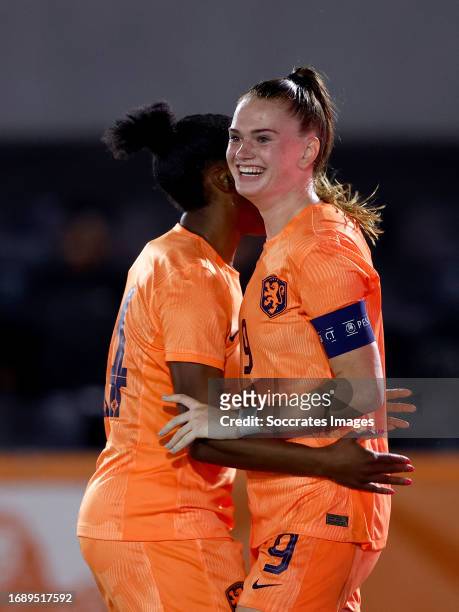 Liz Rijsbergen of Holland Women U23 celebrates 3-0 with Chante Mary Dompig of Holland Women U23 during the U23 Women match between Holland Women U23...