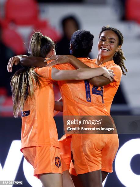 Chante Mary Dompig of Holland Women U23 celebrates 4-0 with Zera Hulswit of Holland Women U23, Nina Nijstad of Holland Women U23 during the U23 Women...