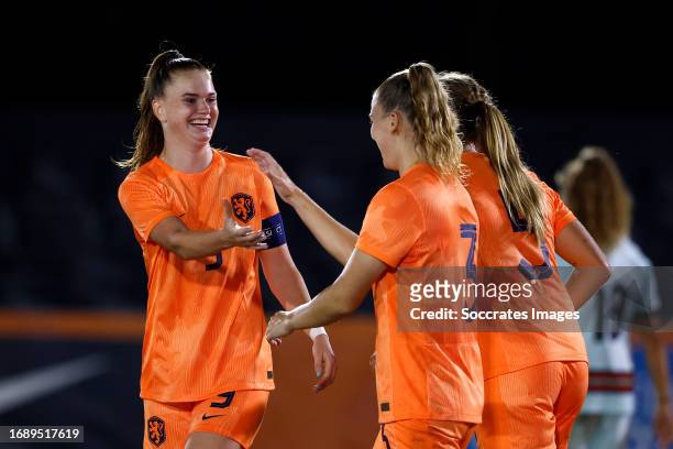 Liz Rijsbergen of Holland Women U23 celebrates 3-0 with Gwyneth Hendriks of Holland Women U23, Alieke Tuin of Holland Women U23 during the U23 Women...