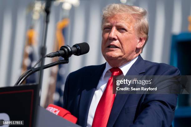 Former U.S. President Donald Trump speaks to a crowd during a campaign rally on September 25, 2023 in Summerville, South Carolina. The Former U.S....