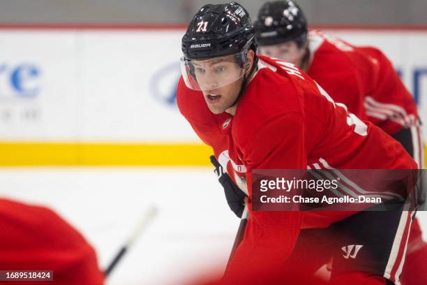 Taylor Hall of the Chicago Blackhawks waits for face off during a scrimmages at Fifth Third Arena on September 25, 2023 in Chicago, Illinois.