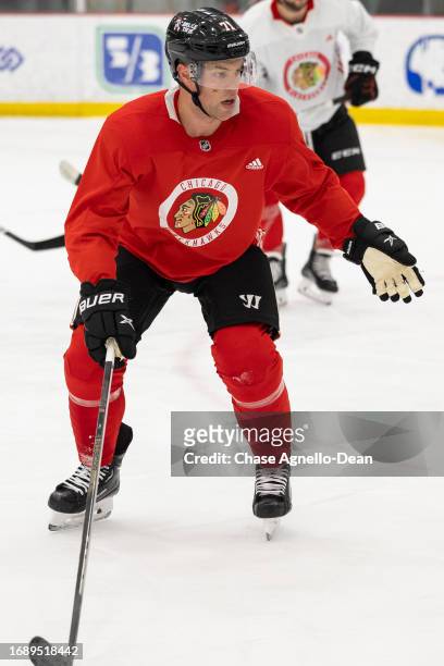 Taylor Hall of the Chicago Blackhawks plays defense during practice at Fifth Third Arena on September 25, 2023 in Chicago, Illinois.