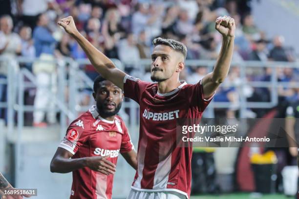 Albion Rrahmani of Rapid Bucuresti celebrates after scoring a goal during the SuperLiga Round 10 match between Rapid Bucuresti and CFR Cluj at...