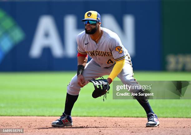 Carlos Santana of the Milwaukee Brewers plays the field during the game between the Milwaukee Brewers and the Pittsburgh Pirates at PNC Park on...