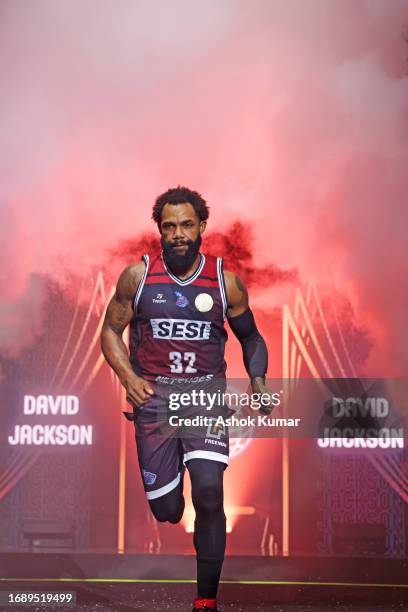 David Jackson of Sesi Franca Basquete is introduced before the game against G League Ignite during the 2023 FIBA Intercontinental Cup on September...