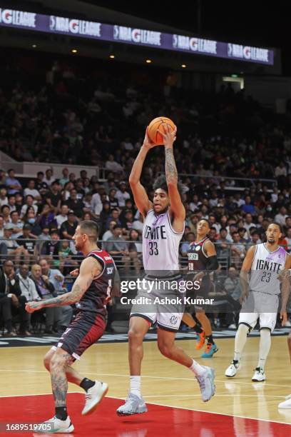 Izan Almansa of G League Ignite drives to the basket against Sesi Franca Basquete during the 2023 FIBA Intercontinental Cup on September 23, 2023 at...